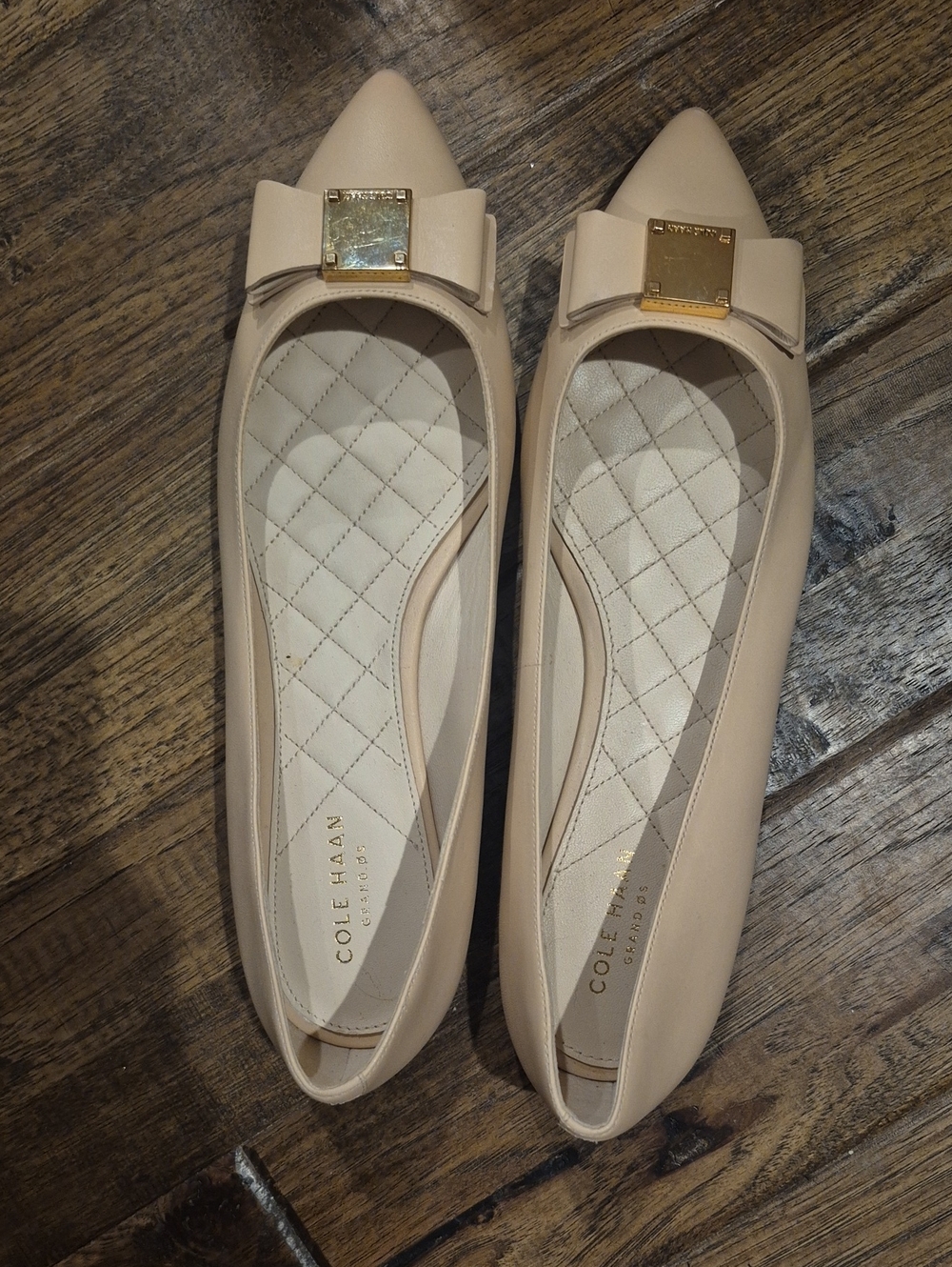 Cole Haan Blush Pointed-Toe Bow Flats with Gold Plaque